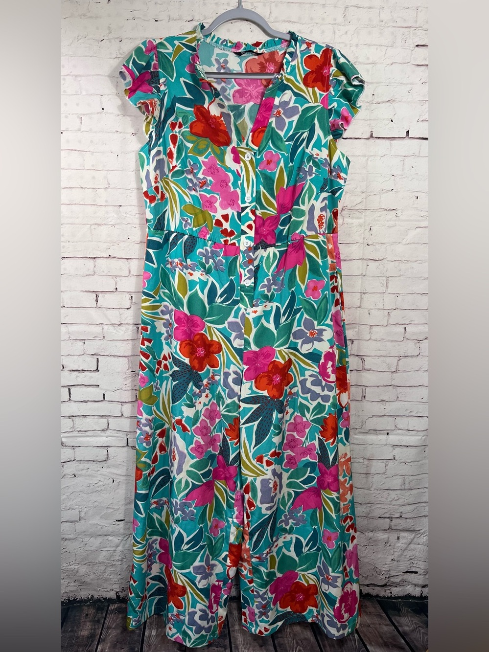 BloomChic Teal Floral Wide Leg Jumpsuit Size 12 V-Neck Short Sleeve Romper XL